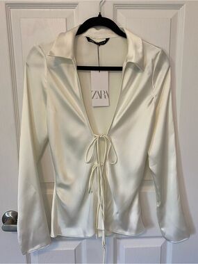 ZARA Cream Satin Tie-Front Shirt
